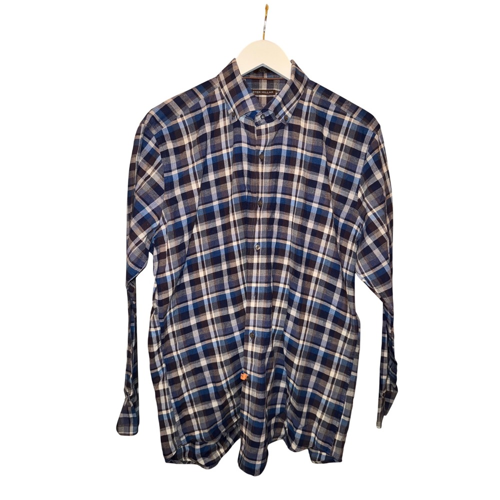 Peter Millar Mens Plaid Button Down‎ Shirt Large Blue White Long Sleeve Cotton
